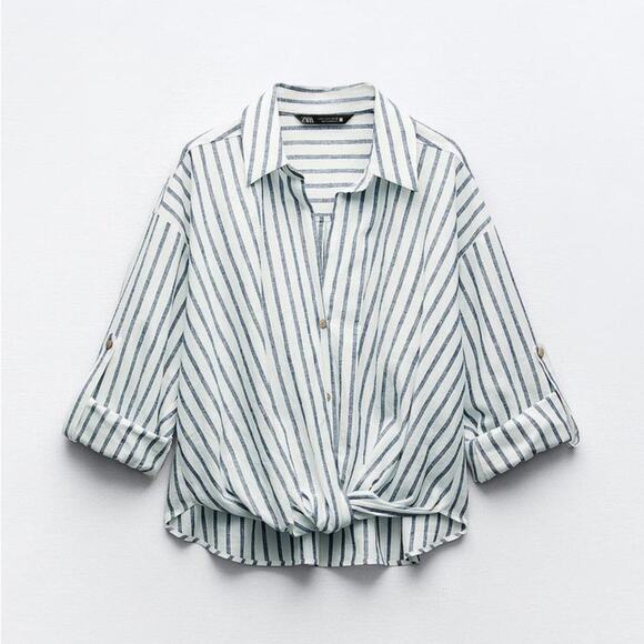 Zara STRIPED LINEN BLEND TOP Size Large - Picture 4 of 13